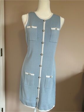 Sleeveless Light Blue Knit Shift Dress with White Trim